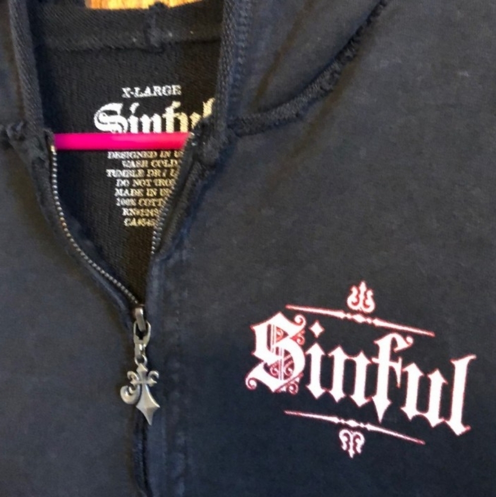 Sinful Rare Black Cotton Hoodie With Rhinestone Wings - Picture 5 of 7
